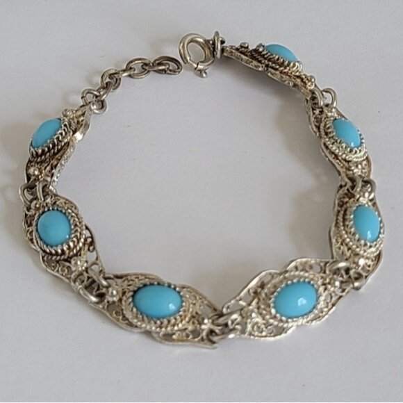 Vintage Antique Boho Sterling Silver Turquoise Cabochon Filigree Chain Bracelet - Picture 6 of 12
